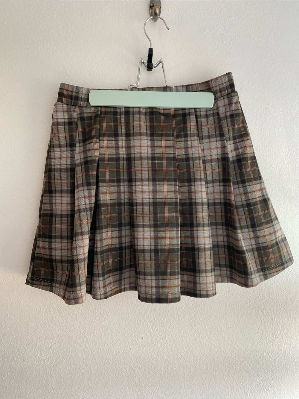 Plaid Pleated Skater Skort in Olive Green